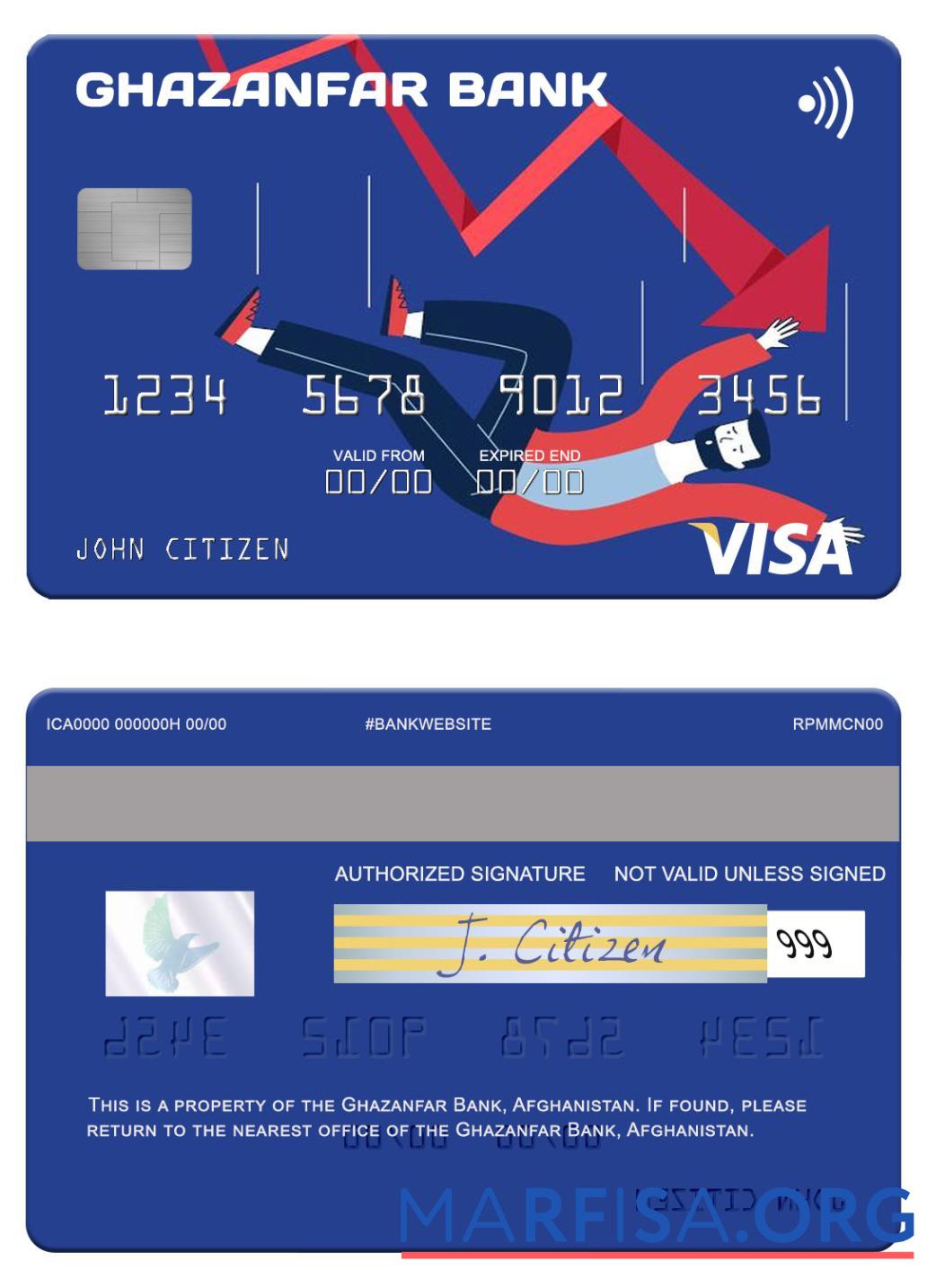 Downloadable Afghanistan Ghazanfar Bank visa card download for verification